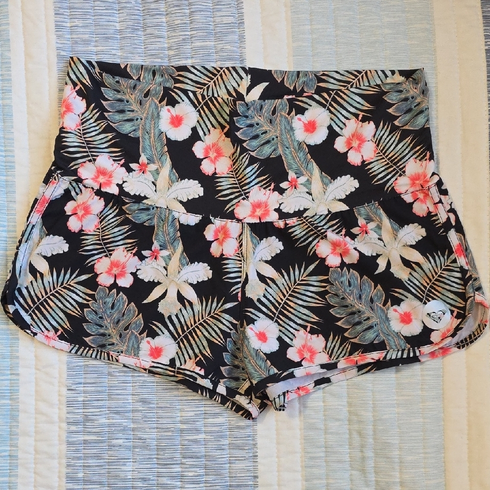 Roxy Endless Summer Black and Pink Athletic Boarshorts with Tropical Design